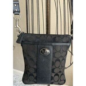 Coach Black Signature Canvas and Leather Swingpack Crossbody Handbag  EUC